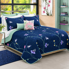 Load image into Gallery viewer, Navy Blue & Sage Green Floral 3 Piece Quilt Bedding Set