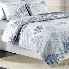 Load image into Gallery viewer, Blue Leaves Reversible 3 Piece Bedding Quilt Set