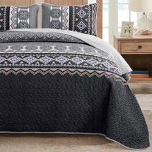 Load image into Gallery viewer, Boho Aztec Black & Grey Reversible 3 Piece Quilt Set