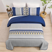 Load image into Gallery viewer, Boho Grey & Navy Blue Reversible 3 Piece Quilt Set