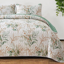 Load image into Gallery viewer, Botanical Green & Gold Leaves Reversible 3 Piece Bedding Quilt Set