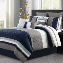 Load image into Gallery viewer, Blue Grey White Stripes 7 Piece Comforter Set