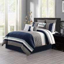 Load image into Gallery viewer, Blue Grey White Stripes 7 Piece Comforter Set