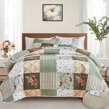 Load image into Gallery viewer, Green & Beige Floral Patchwork 3 Piece Bedding Quilt Set