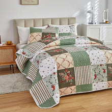 Load image into Gallery viewer, Green & Beige Floral Patchwork 3 Piece Bedding Quilt Set