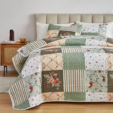 Load image into Gallery viewer, Green & Beige Floral Patchwork 3 Piece Bedding Quilt Set