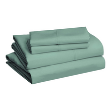 Load image into Gallery viewer, Emerald green 4 piece sheet set – flat sheet, fitted sheet and pillowcases folded and stacked