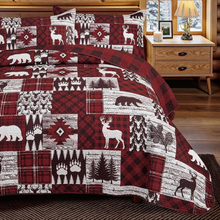 Load image into Gallery viewer, Red Black Buffalo Plaid Deer 3 Piece Bedding Quilt Set