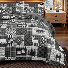 Load image into Gallery viewer, Buffalo Plaid Deer Reversible 3 Piece Bedding Quilt Set