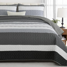 Load image into Gallery viewer, Boho Black & Grey Stripes 3 Piece Bedding Quilt Set