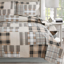Load image into Gallery viewer, Brown Plaid Patchwork 3 Piece Bedding Quilt Set