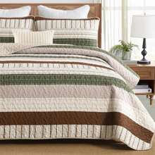 Load image into Gallery viewer, Boho Brown & Green Stripes 3 Piece Bedding Quilt Set