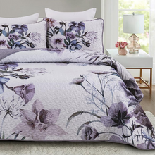 Load image into Gallery viewer, Boho Purple Floral Reversible 3 Piece Bedding Quilt Set