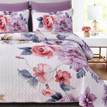 Load image into Gallery viewer, Botanical Purple Floral Reversible 3 Piece Quilt Set