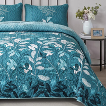 Load image into Gallery viewer, Botanical Teal Leaves Reversible 3 Piece Quilt Set