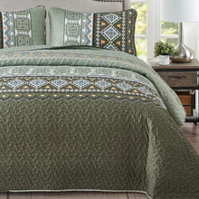 Load image into Gallery viewer, Boho Aztec Olive Green Reversible 3 Piece Quilt Set