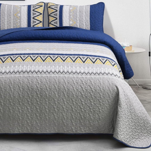 Load image into Gallery viewer, Boho Grey & Navy Blue Reversible 3 Piece Quilt Set