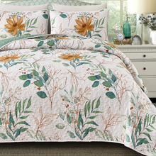 Load image into Gallery viewer, Botanical Sage Green & Golden Leaves Reversible 3 Piece Quilt Set