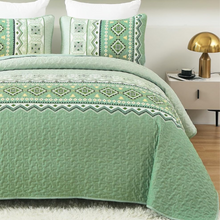 Load image into Gallery viewer, Boho Aztec Sage Green Reversible 3 Piece Quilt Set
