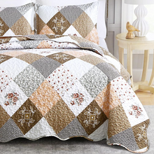 Load image into Gallery viewer, Brown Floral Patchwork 3 Piece Bedding Quilt Set