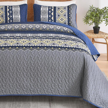 Load image into Gallery viewer, Boho Aztec Navy & Grey Reversible 3 Piece Quilt Set