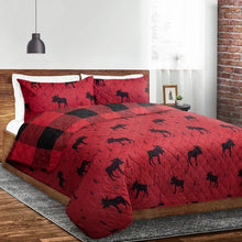 Load image into Gallery viewer, Red Black Buffalo Plaid Moose 3 Piece Bedding Quilt Set