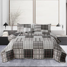 Load image into Gallery viewer, Black White & Grey Plaid Patchwork 3 Piece Bedding Quilt Set