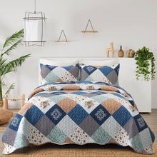 Load image into Gallery viewer, Blue & Beige Floral Patchwork 3 Piece Bedding Quilt Set