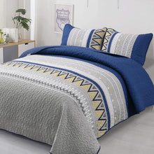 Load image into Gallery viewer, Boho Grey & Navy Blue Reversible 3 Piece Quilt Set