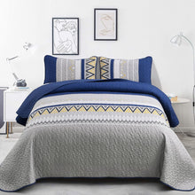 Load image into Gallery viewer, Boho Grey & Navy Blue Reversible 3 Piece Quilt Set