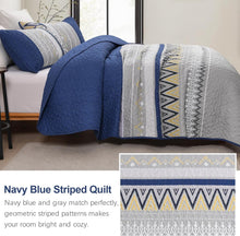 Load image into Gallery viewer, Boho Grey & Navy Blue Reversible 3 Piece Quilt Set