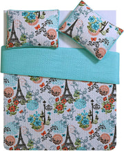 Load image into Gallery viewer, Eiffel Tower Aqua Blue Reversible 3 Piece Bedding Quilt Set