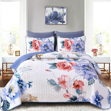 Load image into Gallery viewer, Botanical Blue Floral Reversible 3 Piece Quilt Set