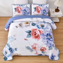 Load image into Gallery viewer, Botanical Blue Floral Reversible 3 Piece Quilt Set