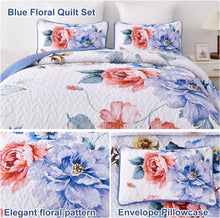 Load image into Gallery viewer, Botanical Blue Floral Reversible 3 Piece Quilt Set