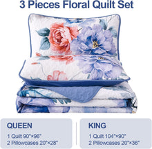 Load image into Gallery viewer, Botanical Blue Floral Reversible 3 Piece Quilt Set