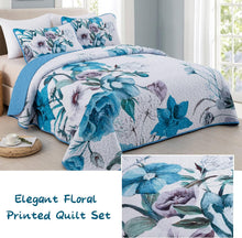 Load image into Gallery viewer, Boho Blue Floral Reversible 3 Piece Bedding Quilt Set