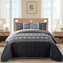 Load image into Gallery viewer, Boho Aztec Black & Grey Reversible 3 Piece Quilt Set