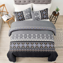 Load image into Gallery viewer, Boho Aztec Black & Grey Reversible 3 Piece Quilt Set
