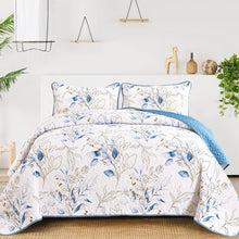 Load image into Gallery viewer, Botanical Blue & Gold Leaves Reversible 3 Piece Bedding Quilt Set