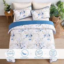 Load image into Gallery viewer, Botanical Blue & Gold Leaves Reversible 3 Piece Bedding Quilt Set