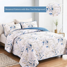 Load image into Gallery viewer, Botanical Blue & Gold Leaves Reversible 3 Piece Bedding Quilt Set
