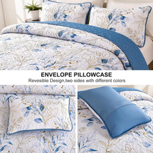 Load image into Gallery viewer, Botanical Blue & Gold Leaves Reversible 3 Piece Bedding Quilt Set