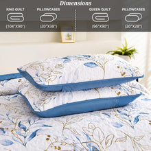 Load image into Gallery viewer, Botanical Blue & Gold Leaves Reversible 3 Piece Bedding Quilt Set