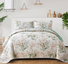 Load image into Gallery viewer, Botanical Green & Gold Leaves Reversible 3 Piece Bedding Quilt Set