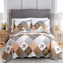 Load image into Gallery viewer, Brown Floral Patchwork 3 Piece Bedding Quilt Set
