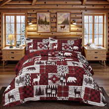 Load image into Gallery viewer, Red Black Buffalo Plaid Deer 3 Piece Bedding Quilt Set