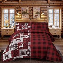 Load image into Gallery viewer, Red Black Buffalo Plaid Deer 3 Piece Bedding Quilt Set