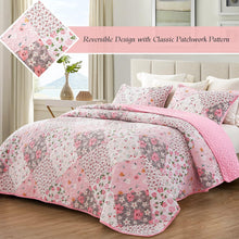 Load image into Gallery viewer, Pink Floral Patchwork 3 Piece Bedding Quilt Set
