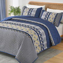 Load image into Gallery viewer, Boho Aztec Navy & Grey Reversible 3 Piece Quilt Set